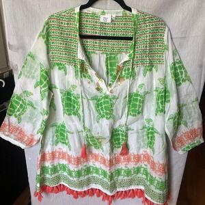 Crown & Ivy Beach Women XL Green Sea Turtle Cotton Tassel Tunic Top Coverup